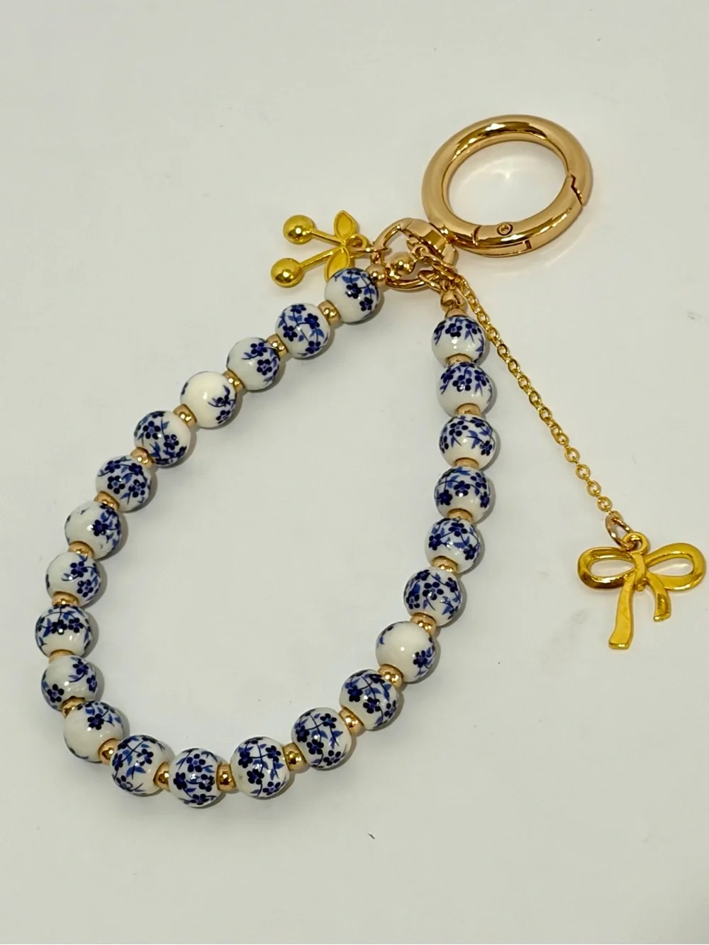 Gold & Blue Floral Bead Keyring with Bow Charm